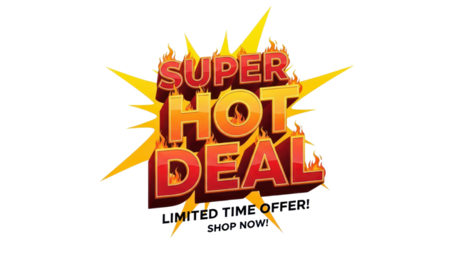 "Super Hot Deal" text vector badge with fire flames and explosion starburst isolated on white background