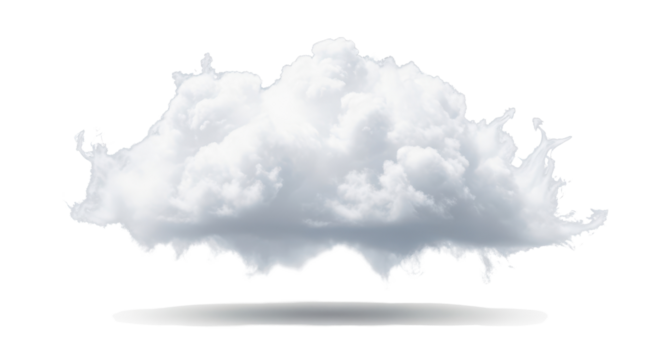 Fluffy white cloud cutout with soft shadow isolated on transparent or white background