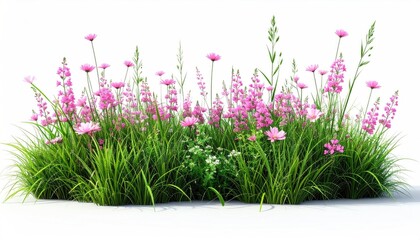 Lush cluster of vibrant pink wildflowers and green grasses, isolated on white background, showcasing diverse flora in full bloom