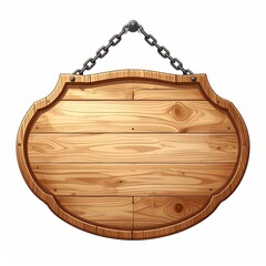 Naklejka premium Oval wooden sign with chain hanging, light brown wood grain, blank surface, ornate edges, metal accents
