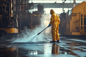 Worker in yellow hazmat suit pressure washing industrial floor with steam and mist