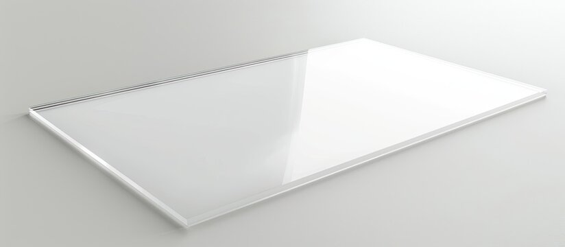 A rectangular, translucent sheet rests on a light gray surface, angled slightly to reveal its edges and reflective properties.  Its smooth surface reflects ambient light
