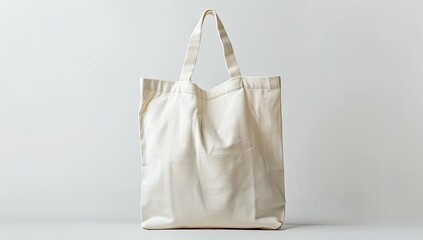 A simple, off-white tote bag stands upright against a light gray background. The bag is made of a slightly textured fabric, and its empty interior is subtly visible through the fabric