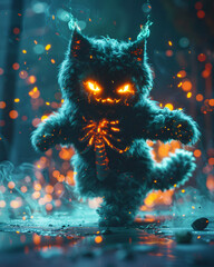 A very cute fluffy cat in glowing skeleton costume - funny Halloween artwork, whimsical artistic style, 4K 5D high resolution