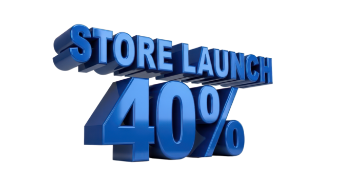 Blue Glossy 3D Text 'STORE LAUNCH 40%' Isolated Graphic for Marketing and Sales