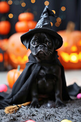 A small pug dressed as a witch costume – Cute Funny Halloween Art, 4K 5D high detail.