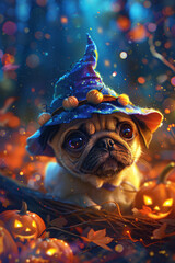 A small pug dressed as a witch costume – Cute Funny Halloween Art, 4K 5D high detail.
