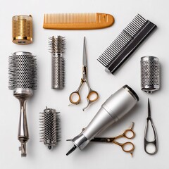 Collection of professional barber and salon equipment such as scissors, combs, brushes, and hairdryers arranged in a flat lay for beauty, hairstyle, grooming, and hairdressing concepts.
