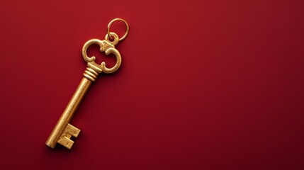 Elegant Golden Key with Space for Branding on Red Background