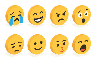 Obraz premium Eight yellow emojis displaying varied emotions on a gold background