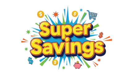 Pop Art Super Savings text banner with shopping icons, vector illustration isolated