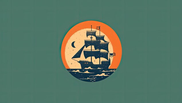 A stylized galleon sails before a large orange sun and crescent moon, set against a muted teal backdrop.  The scene is circular, with subtle texturing suggesting waves