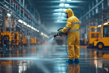 A person in a yellow hazmat suit uses a spray cleaner on the wet floor of an industrial factory