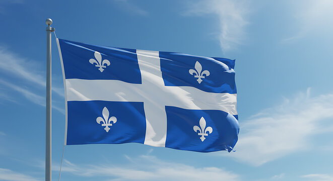 The provincial flag of quebec canada with white fleur de lis symbols waving in the blue sky