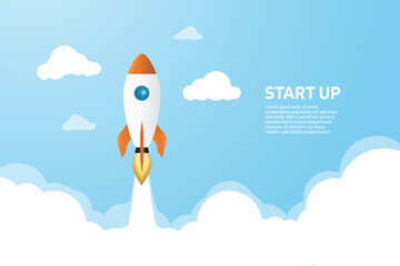 Rocket launching into the sky, symbolizing business startup, success, growth, and project launch. Flat design with clouds. Vector EPS10.