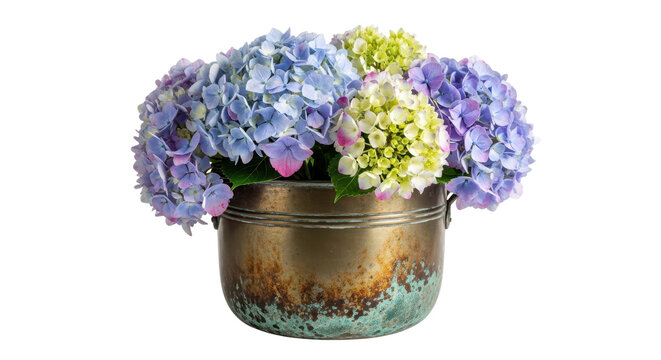 Blue, Purple, and Green Hydrangea Flowers in Weathered Copper Pot Isolated on White Background