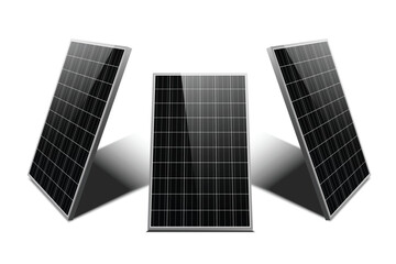 Three solar panels at different angles, isolated on a white background. Concept for renewable energy, sustainable power, and clean technology. Vector EPS10.