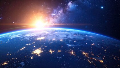 Fototapeta premium Earth from Space with City Lights and Milky Way Galaxy Under Dramatic Sunrise in Deep Blue Cosmos