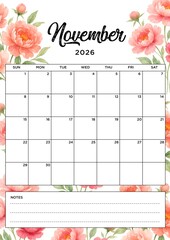 November 2026 Planner Calendar, A4 Paper