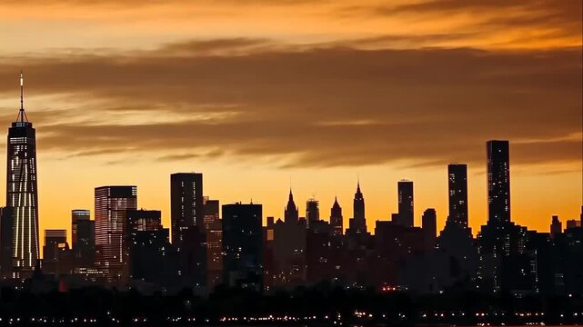 Elegant city skyline with dramatic sunset, highrise towers, shimmering reflections on water, bright orange evening atmosphere.