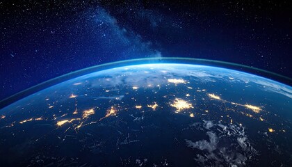 Fototapeta premium Earth From Space With City Lights Glowing Under a Swirl of Clouds and Stars in a Dark Blue Space Background Under a Horizon