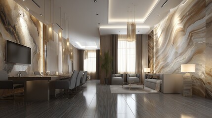 An elegantly designed open-plan living and dining area showcases a warm, neutral palette and luxurious textures, creating a sophisticated and inviting atmosphere with natural light.