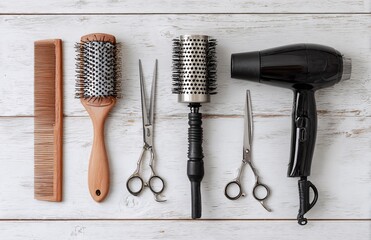 Collection of professional barber and salon equipment such as scissors, combs, brushes, and hairdryers arranged in a flat lay for beauty, hairstyle, grooming, and hairdressing concepts.