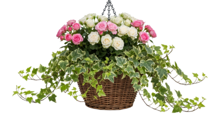 Isolated Hanging Basket with Pink and White Miniature Roses and Variegated Ivy