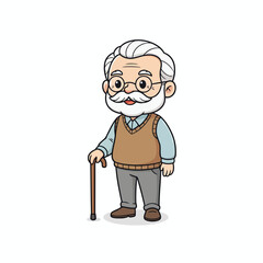 Fototapeta premium Charming cartoon illustration of a friendly senior man with a beard, glasses, and a cane, representing wisdom, experience, and the aging process, isolated on white background
