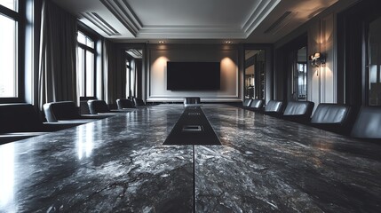 A strikingly composed interior showcases a long, polished conference table reflecting ambient light, surrounded by dark leather chairs in a formal, modern setting, evoking a sense of power and quiet