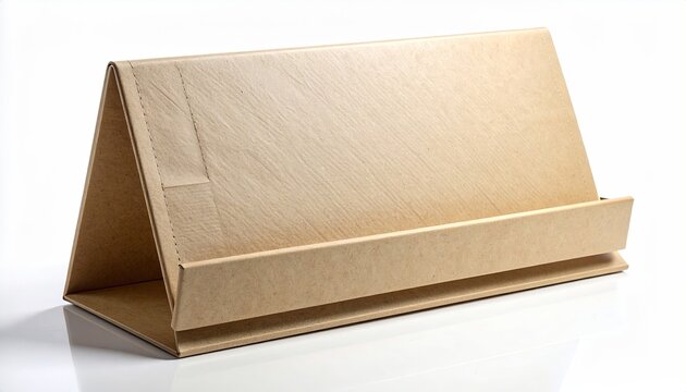 Light-brown cardboard display stand, triangular base, rectangular presentation area, subtle texture