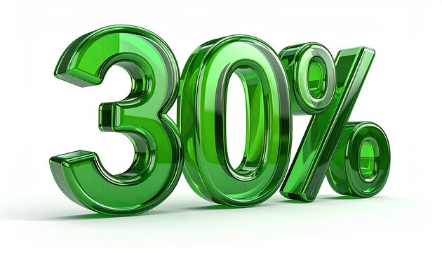 Glossy, three-dimensional, emerald-green numerals "30%" against a stark white backdrop