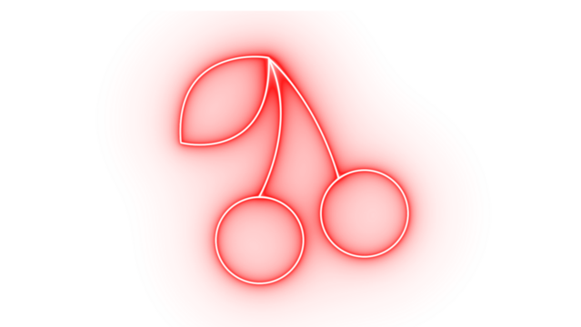 A neon red illustration isolated on transparent background of two cherries connected by a stem, representing sweetness, summer, and a classic fruit symbol - Powered by Adobe