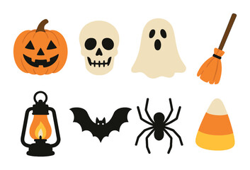 Halloween symbols: pumpkin, skull, ghost, broom, lantern, bat, spider, candy corn