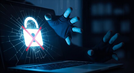 Cyber Attack and Data Breach Concept with a Hacker's Hand Breaking Out of a Laptop Screen with a Broken Padlock