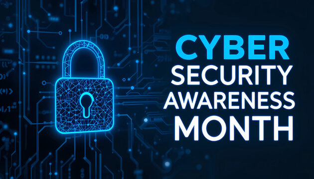 Cyber security awareness month concept with padlock on blue circuit board background design