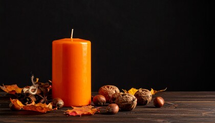 Close-up of unlit orange candle on dark wooden table with nuts and autumn leaves, black background, horizontal, with copy space
