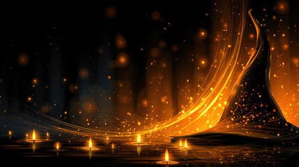 Abstract glowing orange and black background with swirling light, sparkles, and floating candles creates magical, festive atmosphere