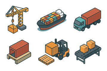 Isometric icons of shipping and logistics equipment with containers and vehicles