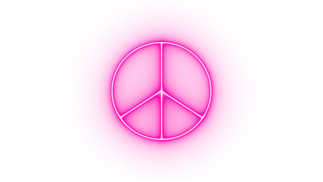 Neon pink peace sign isolated on transparent background, a radiant emblem of harmony and unity, its soft glow casting a calming aura, symbolizing hope for a better world