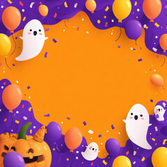 Cheerful orange and purple background with cute ghost, pumpkin, balloon, confetti, festive Halloween party celebration border