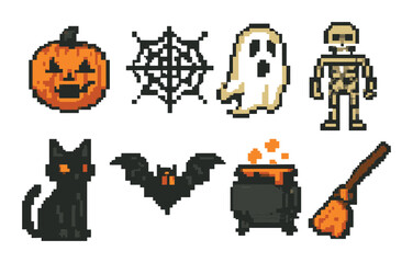 Pixel art halloween icons: pumpkin, ghost, skeleton, black cat, bat, cauldron, broom