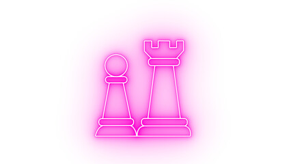 A glowing pink neon chess pawn and rook isolated on transparent background, representing strategy,...