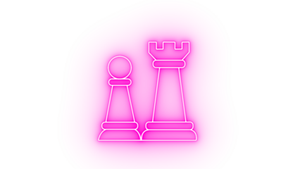 A glowing pink neon chess pawn and rook isolated on transparent background, representing strategy, tactics, and intellectual game play in a modern design