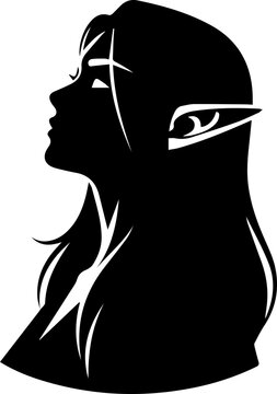 Elegant elf woman profile portrait, fantasy character with pointed ears and flowing hair design