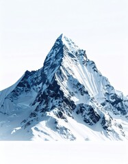 Majestic snow-capped peak, sharp ridges, deep shadows, pristine white snow contrasting with dark, rocky slopes against a bright sky