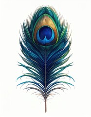 A single, vibrant peacock feather, detailed and realistic, showcases iridescent blues, greens, and golds in its eye and plume