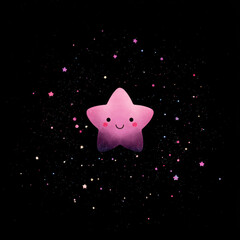 Pink kawaii star with cute smile and rosy cheeks on black background, surrounded by colorful small stars, cheerful and whimsical vibe