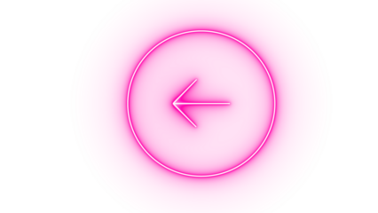 Pink neon left arrow in a circle isolated on transparent background, indicating direction, navigation, and a return or previous action in a modern style