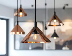 Several copper and black triangular pendant lights hang from a ceiling, illuminating a room with artwork in the background